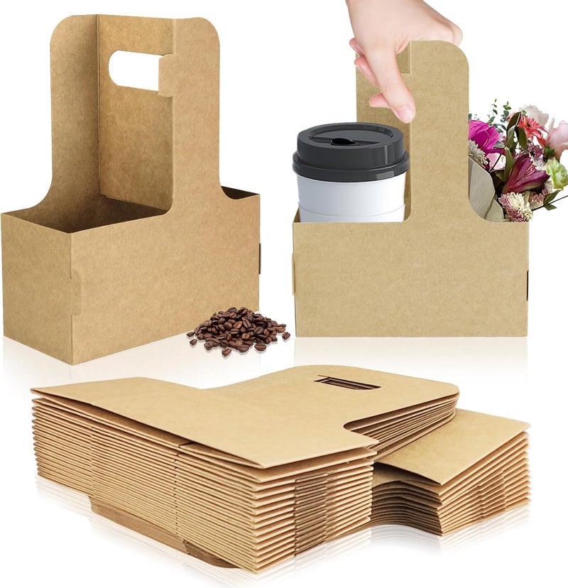 Xlong 2 Cup Disposable Drink Carrier for Delivery with Handle,30 Count Kraft Paperboard Cup Holder,Cup Carriers for Hot or Cold Drinks,Coffee Carrier, Food Delivery,Take Out Cup Carriers (Brown, 30 PCs) - Image 1
